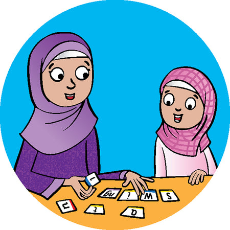 Image of lady playing Little Learners Love Literacy's Sound Swap Word Game with a girl.